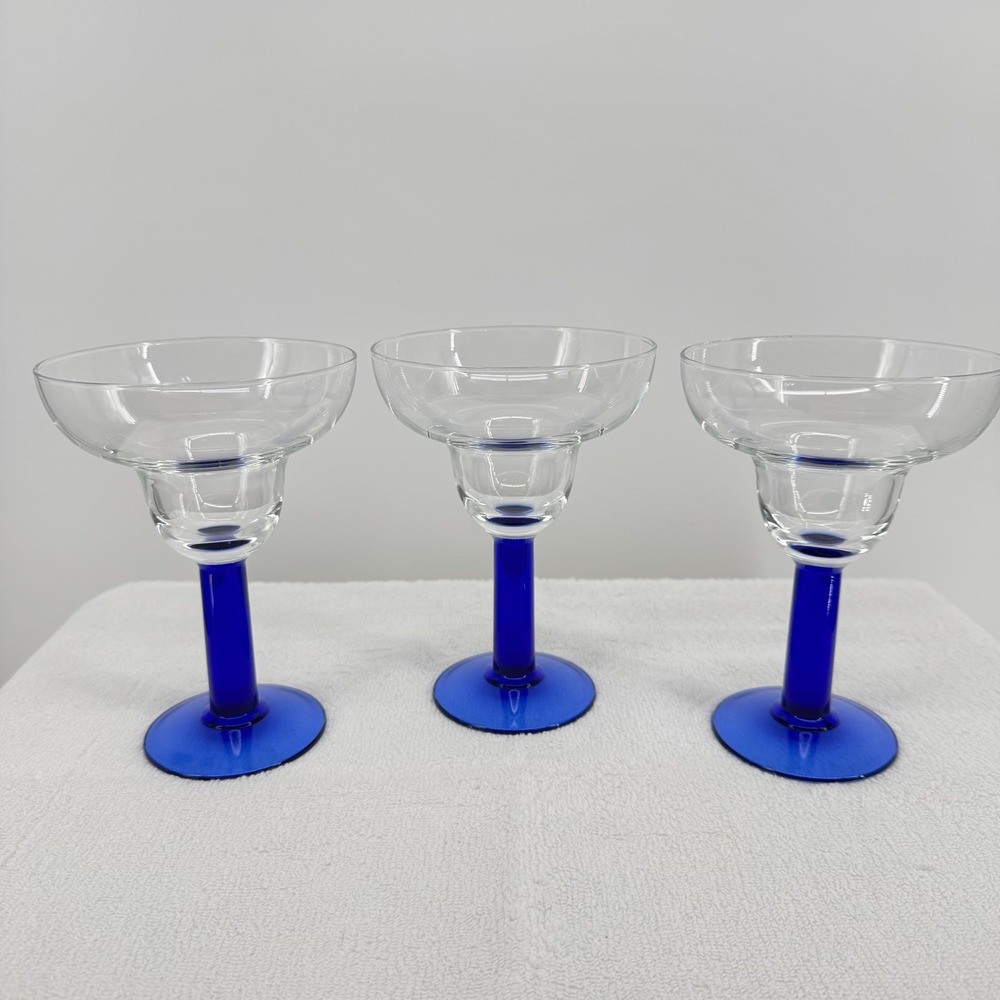 3 Mexican Hand-Blown Cobalt Blue Stem Base Margarita Glasses‎ Fiesta Party Ware